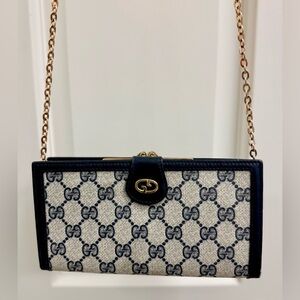GUCCI Vintage 80’s Rare Navy GG Supreme Monogram Canvas Clutch W/ Crossbody